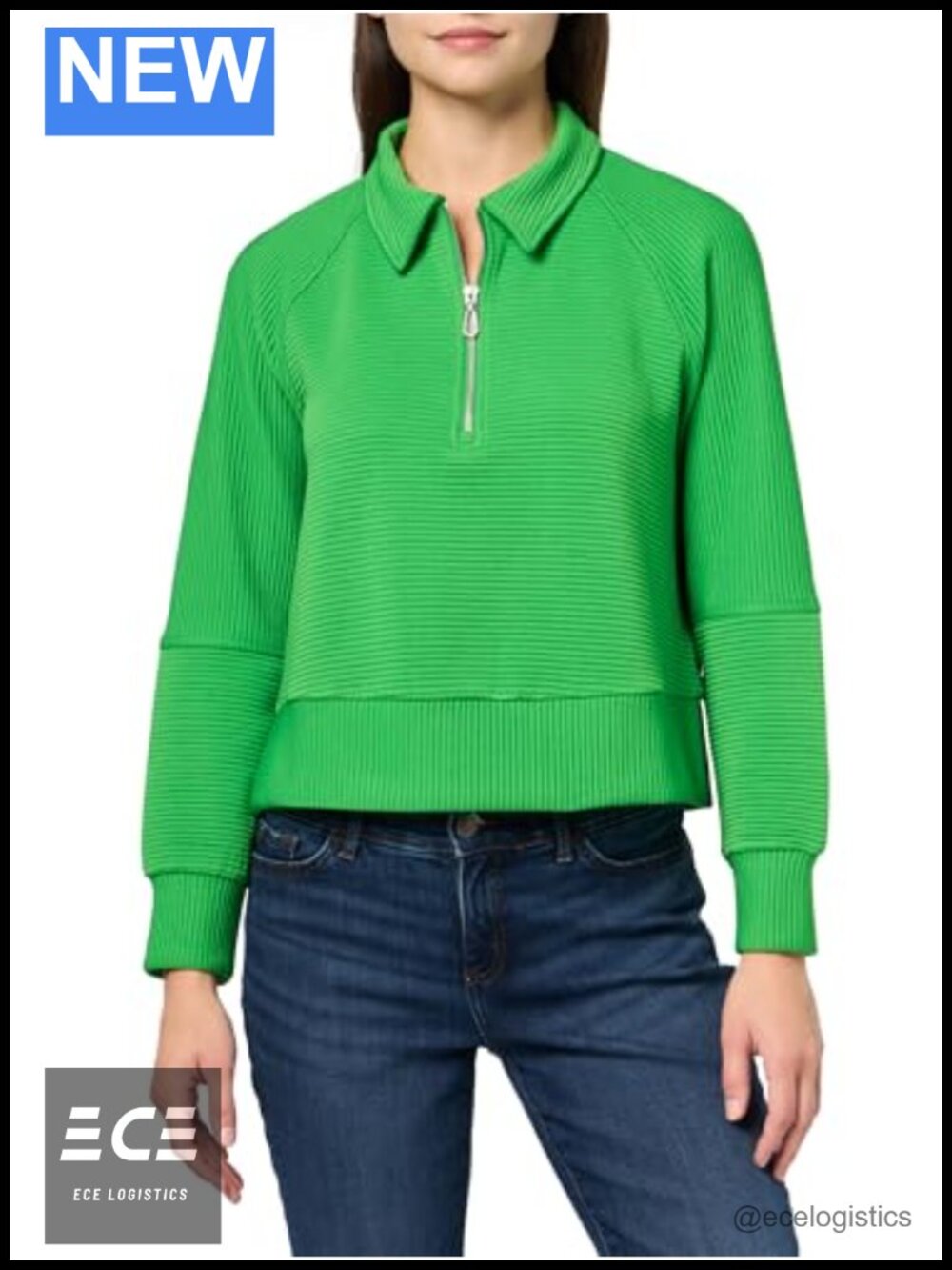 Women's Ribbed Zipper Collared Pullover Sweatshirt Long Sleeve